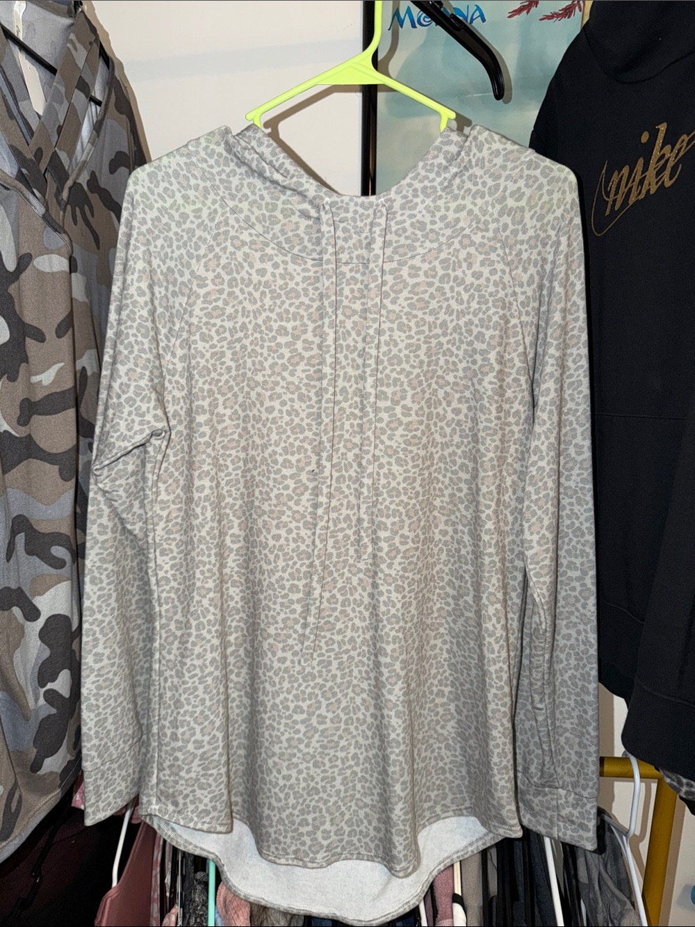 Celeste Light Gray Leopard-Print Hooded Pullover